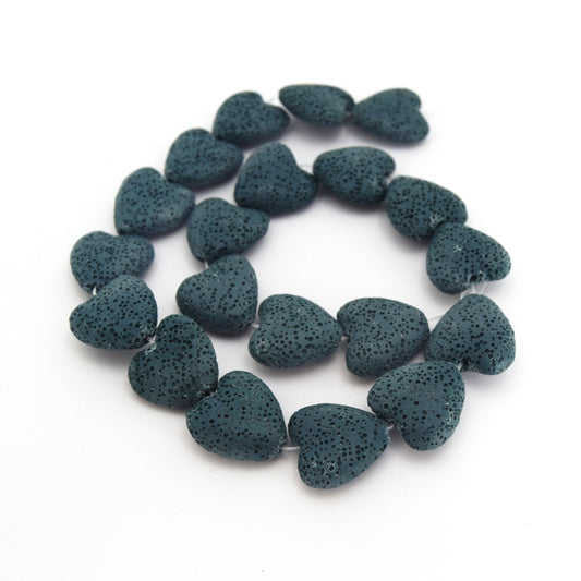 20mm Dark Teal Heart Shaped Natural Lava Rock Beads with 2mm Holes - 14.75" Strand (20 Beads) - Large Hole Beads