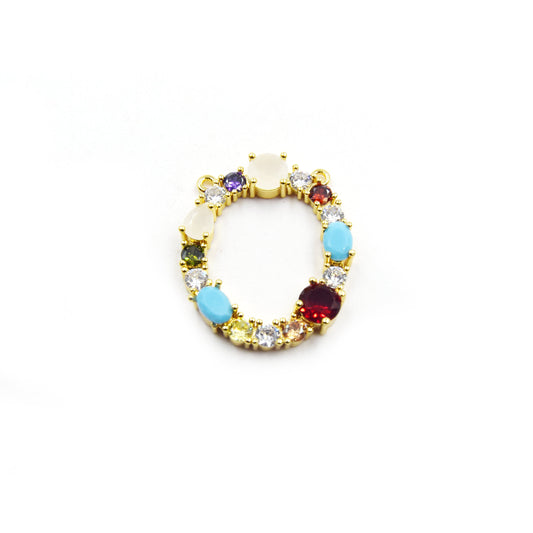 Gold Alphabet Rhinestone Pendant | Letter O Multi-color Rhinestone Pendant with Two Loops - 30mm x 35mm