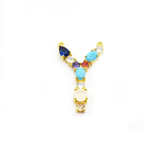 Gold Alphabet Rhinestone Pendant | Letter Y Multi-color Rhinestone Pendant with Two Loops - 25mm x 40mm