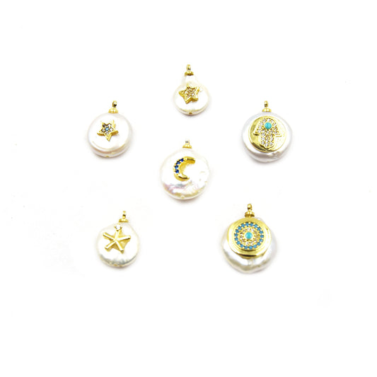 Inlaid Fresh Water Pearl Pendant | Star Crescent Moon Hamsa Starfish Mandala CZ Inlaid Pearl Charms