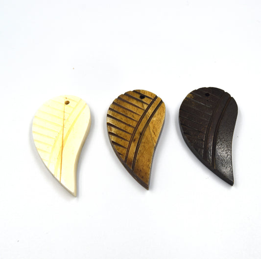 Bone Pendant | 2.5 Inch Feather Shaped Natural Ox Bone Pendant | White, Light Brown, Dark Brown