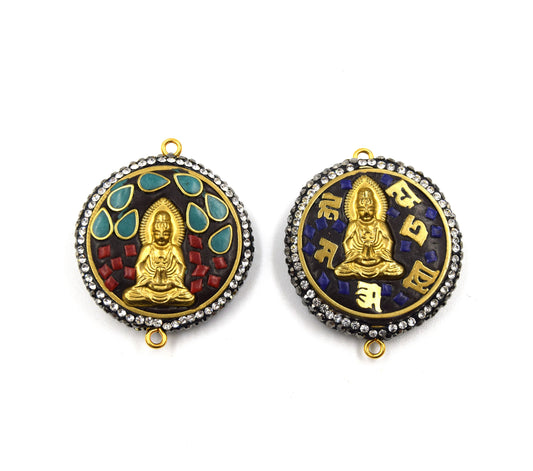 1.5" Tibetan Buddah Reversible Design Medallion Coin Shaped Connector Encrusted with Cubic Zirconia - 32mm x 32mm - Sold Individually
