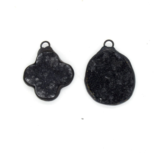 Soldered Black Druzy Gemstone Pendants | Gemstone Pendants with Soldered Gunmetal Edging | Quatrefoil, Circle Shaped Pendants