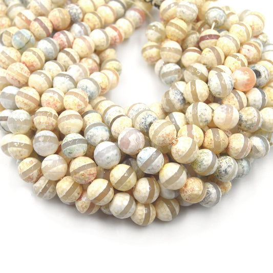 Tibetan Agate Beads | Dzi Beads | Dyed Earthy Pastel Mix Faceted Striped Round Gemstone Beads -12mm Available