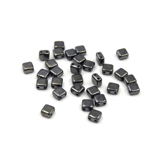 Czech Glass Tile Bead |Two Hole Tile Bead | 5mm Square Shaped Black Hematite Double Drilled Glass Bead | 30 Beads per strand