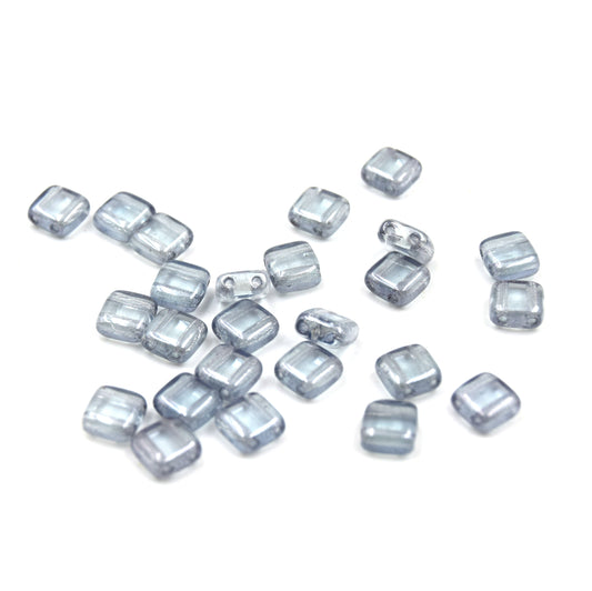 Czech Glass Tile Bead |Two Hole Tile Bead | 6mm Square Shaped Luster Transparent Blue Double Drilled Glass Bead | 25 Beads per strand