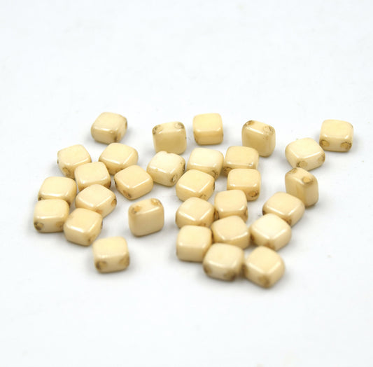 Czech Glass Tile Bead |Two Hole Tile Bead | 5mm Square Shaped Chalk Beige Luster Double Drilled Glass Bead | 30 Beads per strand