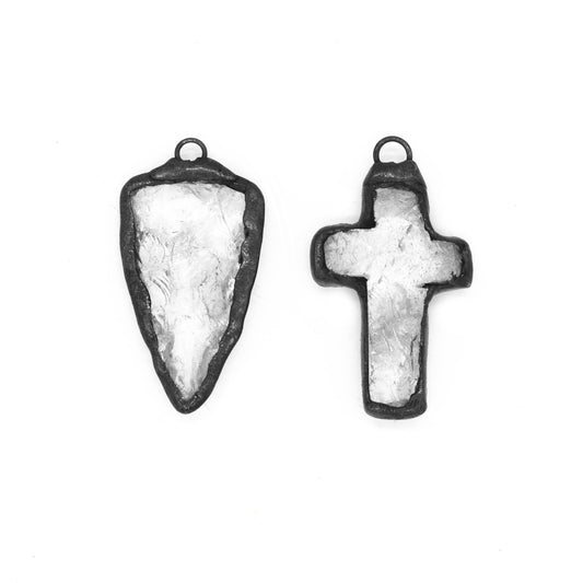 Soldered Clear Quartz Pendants | Gemstone Pendants with Soldered Gunmetal Edging | Triangle Cross Shapes Available