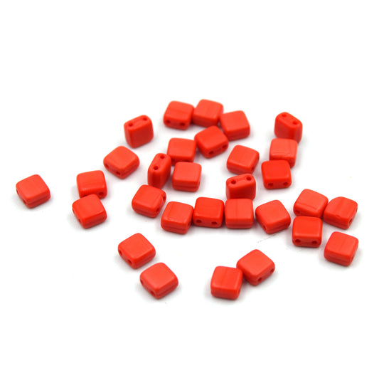 Czech Glass Tile Bead |Two Hole Tile Bead | 5mm Square Shaped Matte Coral Double Drilled Glass Bead | 30 Beads per strand