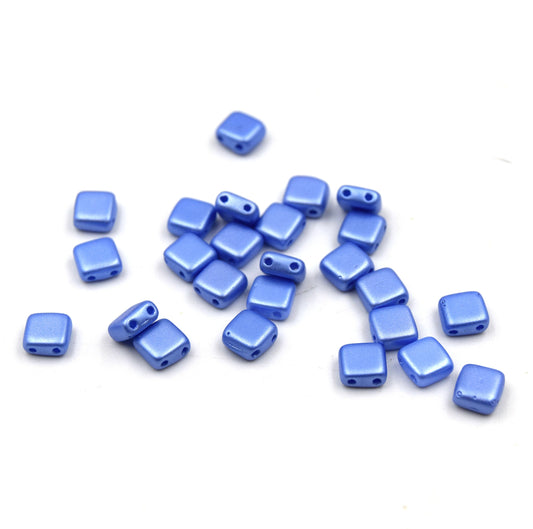 Czech Glass Tile Bead |Two Hole Tile Bead | 6mm Square Shaped Sapphire Blue Double Drilled Glass Bead | 30 Beads per strand