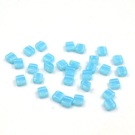 Czech Glass Tile Bead |Two Hole Tile Bead | 5mm Square Shaped Aqua Opal Double Drilled Glass Bead | 30 Beads per strand