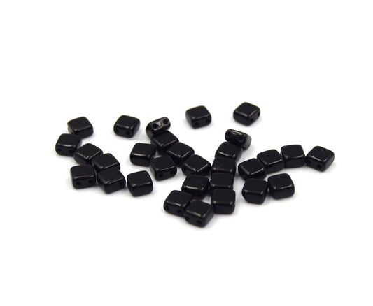 Czech Glass Tile Bead |Two Hole Tile Bead | 5mm Square Shaped Black OpaqueDouble Drilled Glass Bead | 30 Beads per strand