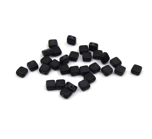 Czech Glass Tile Bead |Two Hole Tile Bead | 5mm Square Shaped Black Matte Double Drilled Glass Bead | 30 Beads per strand