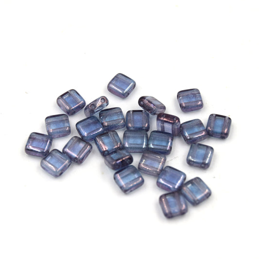 Czech Glass Tile Bead |Two Hole Tile Bead | 6mm Square Shaped Luster Transparent Amethyst Double Drilled Glass Bead | 25 Beads per strand