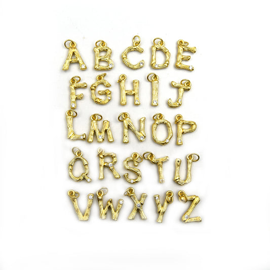 Gold Alphabet Cubic Zirconia Pendant | Brass Letter with CZ accent | Matte Gold Textured Brass Letters