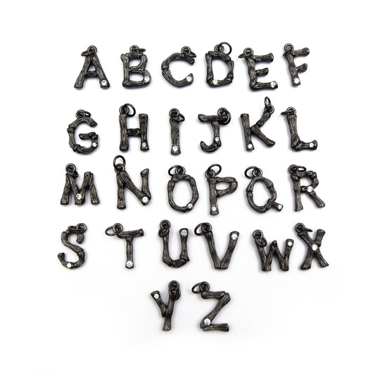 Gunmetal Alphabet Cubic Zirconia Pendant | Brass Letter with CZ accent | Matte Gunmetal Textured Brass Letters