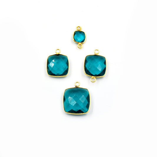 Teal Quartz Bezel | Gold Finish Faceted Transparent Square Shaped Pendant Connector Component | Sold Individually