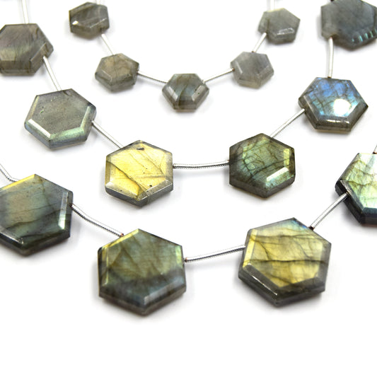 Labradorite Beads | Hand Cut Indian Gemstone | 10mm, 15mm, 20mm Hexagon Shaped Side Drilled Beads | AAA Labradorite | Loose Gemstone Beads