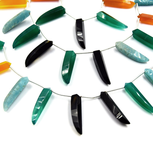 Mixed Gemstone Beads | Hand Cut Indian Gemstone | 8mm x 30mm Spiked Green Onyx, Smoky Quartz, Amazonite, Carnelian