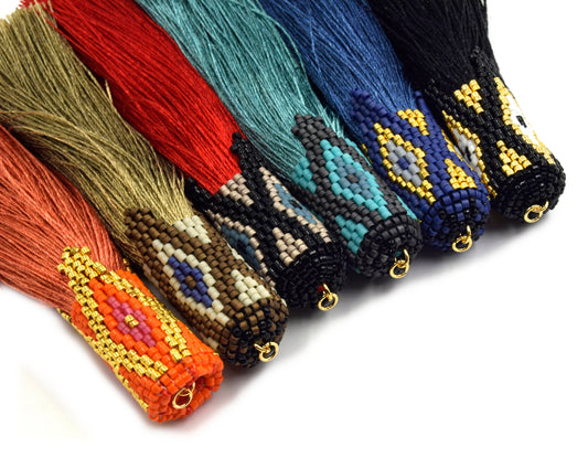 Seed Bead Tassels | 15mm x 110mm Silk Polyester Tassel with Beaded Cap | Red Black Navy Teal Coral Beige Tassels