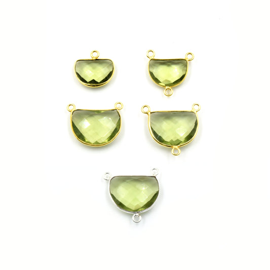 Light Green Quartz Bezel | Gold Silver Finish Faceted Transparent Half Moon Shaped Pendant Connector Component | Sold Individually
