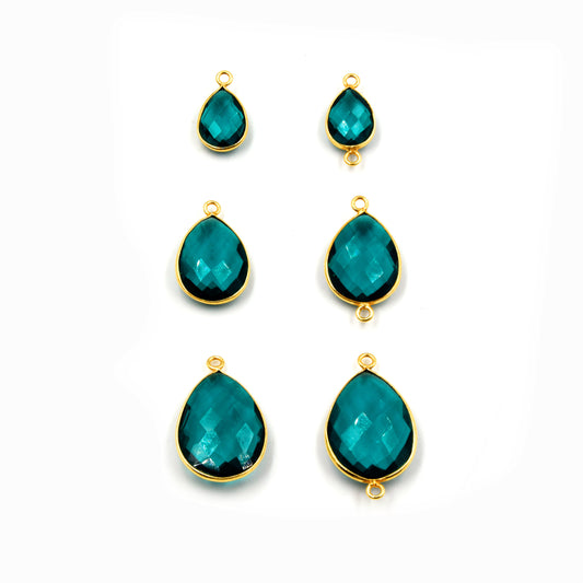 Teal Quartz Bezel | Gold Finish Faceted Transparent Pear Shaped Pendant Connector Component | Sold Individually