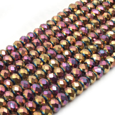 Chinese Crystal Beads | 6mm Faceted Metallic AB Rondelle Shaped Crystal Beads | Blue Peacock Titanium Peach