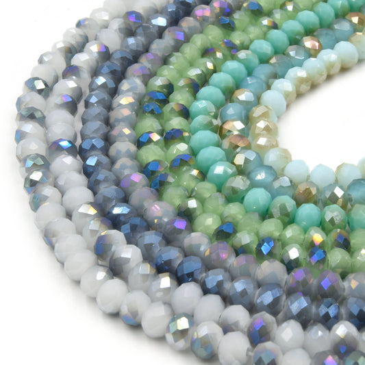 Chinese Crystal Beads in Blue, Green, White, and Aqua-6mm Faceted Bi-Color Metallic Rondelle Crystal Beads