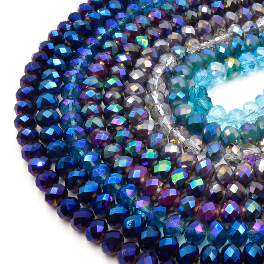 Chinese Crystal Beads | 8mm Faceted Metallic AB Coated Rondelle Shaped Crystal Beads | Purple Blue Plum Peacock Aqua