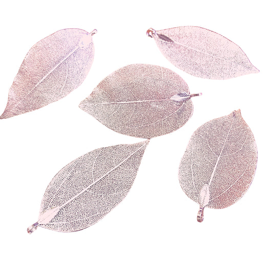 Large Light Pink Finish Electroplated Copper Leaf Pendants with Attached Bail - Measuring 60-75mm Long - Sold Individually