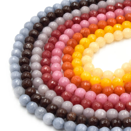 Faceted Jade Beads | 6mm Faceted Dyed Gray Brown Red Pink Orange Yellow Jade Round Beads with 1mm Holes - Sold by 15.5" Strands (~ 58 Beads)