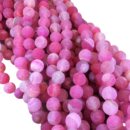 Matte Finish Smooth Round Hot Pink Crackle/Veined Agate Beads | 10mm 12mm-15" Strand | Natural Semi-Precious Gemstone