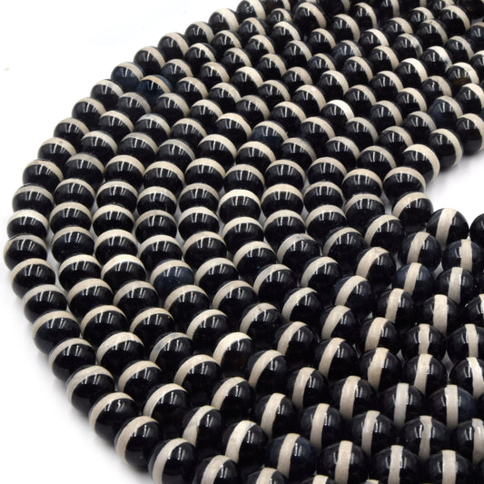 Tibetan Agate Beads | Dzi Beads | Dyed Black Glossy with Cream Stripe Round Gemstone Beads - 6mm 8mm 10mm 12mm Available