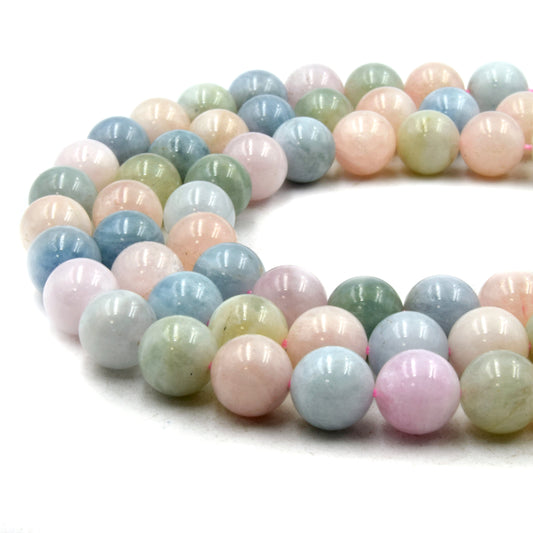 Natural Mix Beryl Beads | UNENHANCED/UNTREATED 10mm Natural Smooth Glossy Mixed Aquamarine Morganite Heliodor Emerald Round Beads