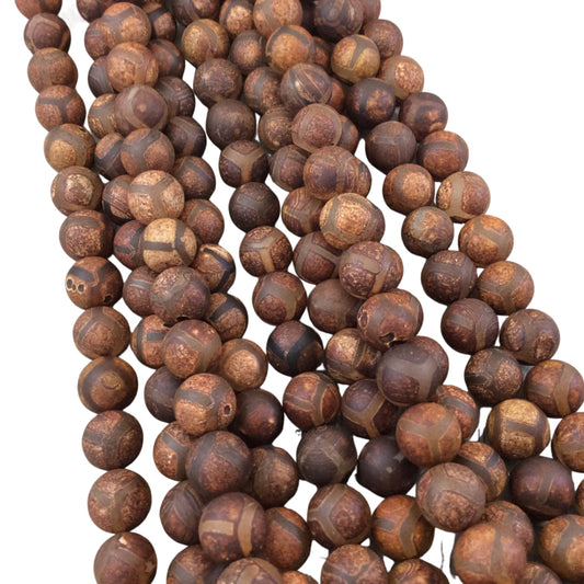 10mm Natural Matte Brown Honeycomb Design Round/Ball Shaped Tibetan Agate Beads - 15.5" Strand (Approx. 38 Beads) - Semi-Precious Gemstone