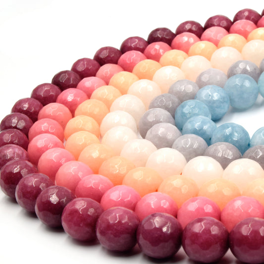 Faceted Jade Beads | 10mm Faceted Dyed Red Pink Orange Gray Blue Jade Round Beads with 1mm Holes - Sold by 15.5" Strands (~ 46 Beads)