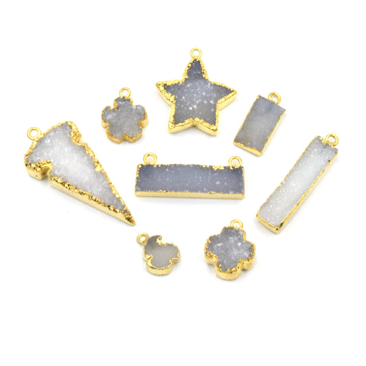Druzy Pendants | Electroplated White Light Gray Druzy Pendants | Clover, Flower, Rectangle, Arrowhead Pendant | Druzy Charms