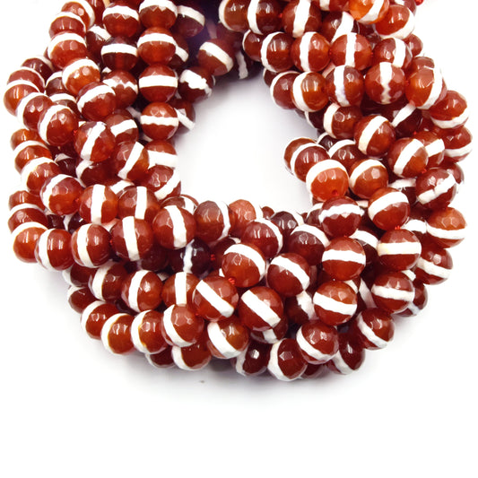 Tibetan Agate Beads | Dzi Beads | Dyed Faceted Red with White Striped Round Gemstone Beads -8mm Available