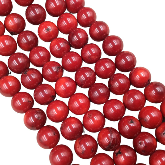 11mm Glossy Finish Dyed Red Sea Bamboo Coral Round/Ball Shaped Beads with 1mm Holes - 15.5" Strand (Approx. 37 Beads per Strand)