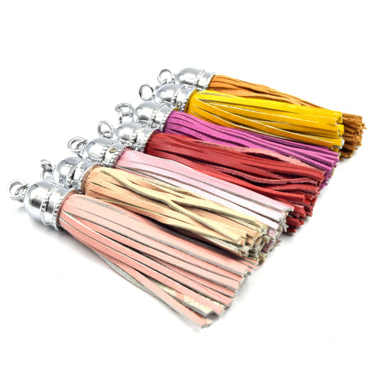 Leather Tassel | 3.5 inch Genuine Leather Silver Bullet Capped Tassel Pendant with Attached Ring | Pink Nude Tan Red Yellow Pendants