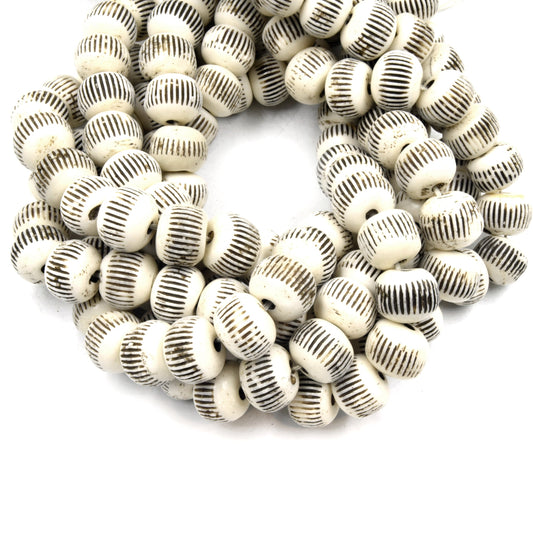 Bone Beads | Carved Ox Bone Rondelle Beads | White Slash Carved Bone Beads | 10mm 12mm 14mm Available