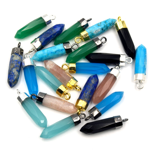 Gemstone Pendant | One Inch Electroplated Point Pendants | Gold Silver Gunmetal | Onyx Peach Moonstone Lapis Chalcedony Turquoise Charms