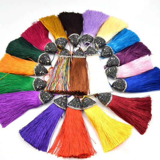 Pave Capped Tassel | 3 Inch Pave Rhinestone Flat Cap Silk Tassel | Green, Blue, Purple, Pink, Orange, Yellow, Red, White, Brown Pendant