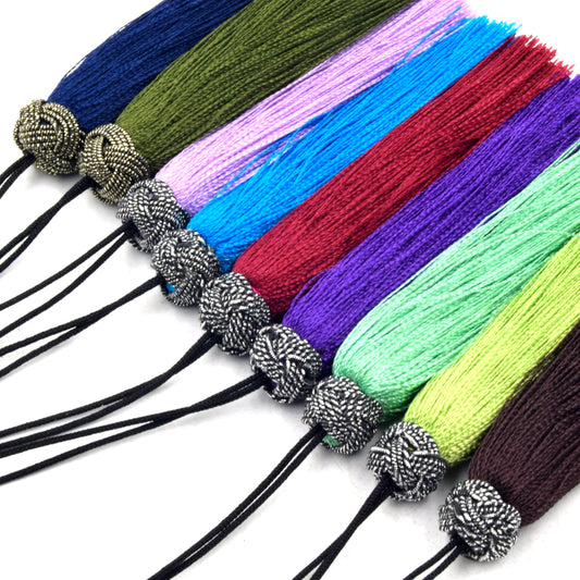 SALE! - Knot Cap Threaded Tassel - 2.5" - 10mm x 65mm - Green, Red, Blue, Brown, Purple, Lavender - Gunmetal/Silver Cap