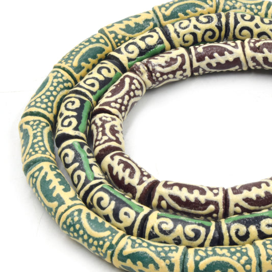 African Glass Beads | Krobo Beads| Hand Painted Gye Nyame Recycled Glass Tube Shaped Beads - Sold by Approx. 29" Strand (~38 Beads)