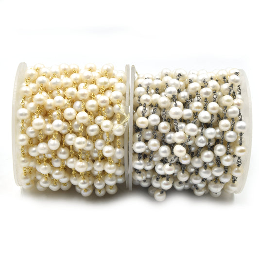 Pearl Rosary Chain | 6mm Round Freshwater Pearl Chain | Gold Chain & Gunmetal Chain | Chain for Jewelry Making