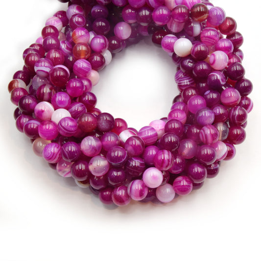Banded Agate Beads | Dyed Mixed Magenta Smooth Round Gemstone Beads - 8mm 10mm Available
