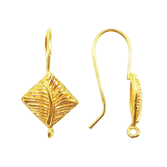 14mm x 15mm - 18k Gold Overlay Kite Shape with Leaf Design- High Quality Earring Wire - One Pairs Per Pack (Two Pieces Total)