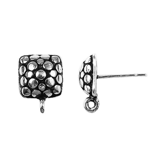 9mm Silver Plated Copper Square Post Clip with Embossed Circle Design w/ Loop High Quality Earring Finding - 2 Pairs Per Pack (4 Pieces)