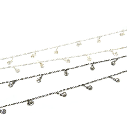 Silver Gunmetal Plated Copper Spaced Single Dangle Wrapped Chain with 6mm CZ Embellished Coin Dangles - Sold by 1 Foot Length